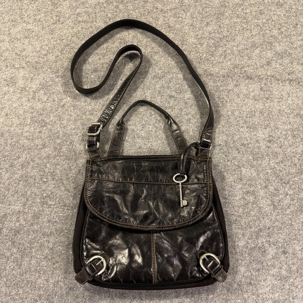 Vtg Fossil Crossbody Bag Womens Medium Black Leather Canvas Flap Key Charm Purse